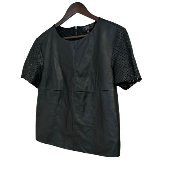 LaPina by David Helwani Valerie Leather Laser Cut Short Sleeve Top, Size Medium - Picture 3 of 11